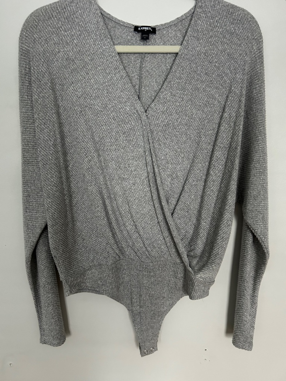 Express Gray Ribbed Surplice V-Neck Sweater Bodysuit